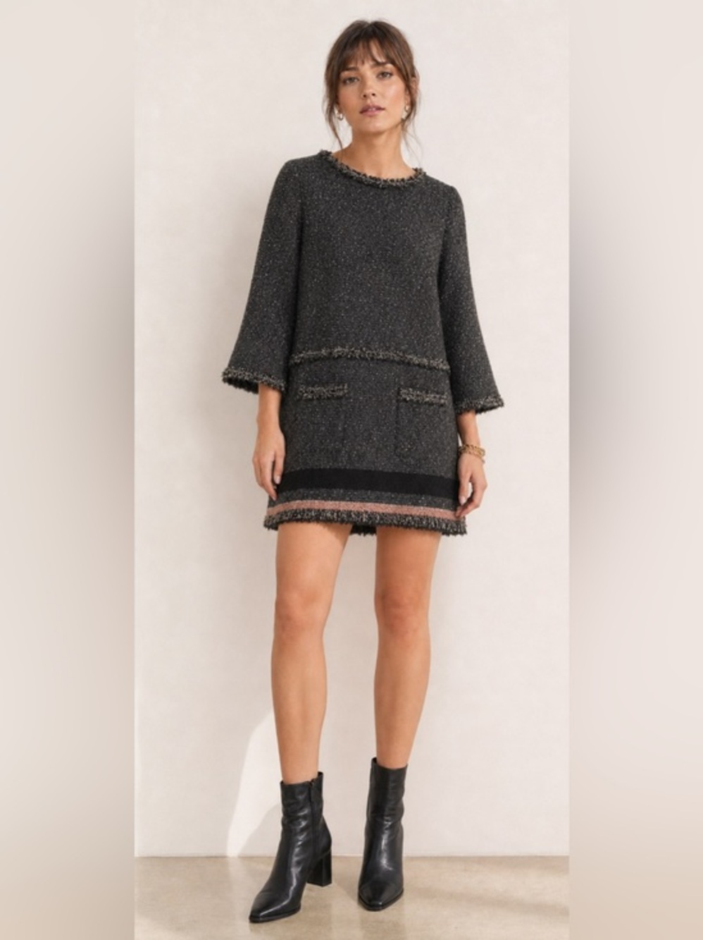 Vintage Twead Fringe Hem Detail Shift Mini Dress
